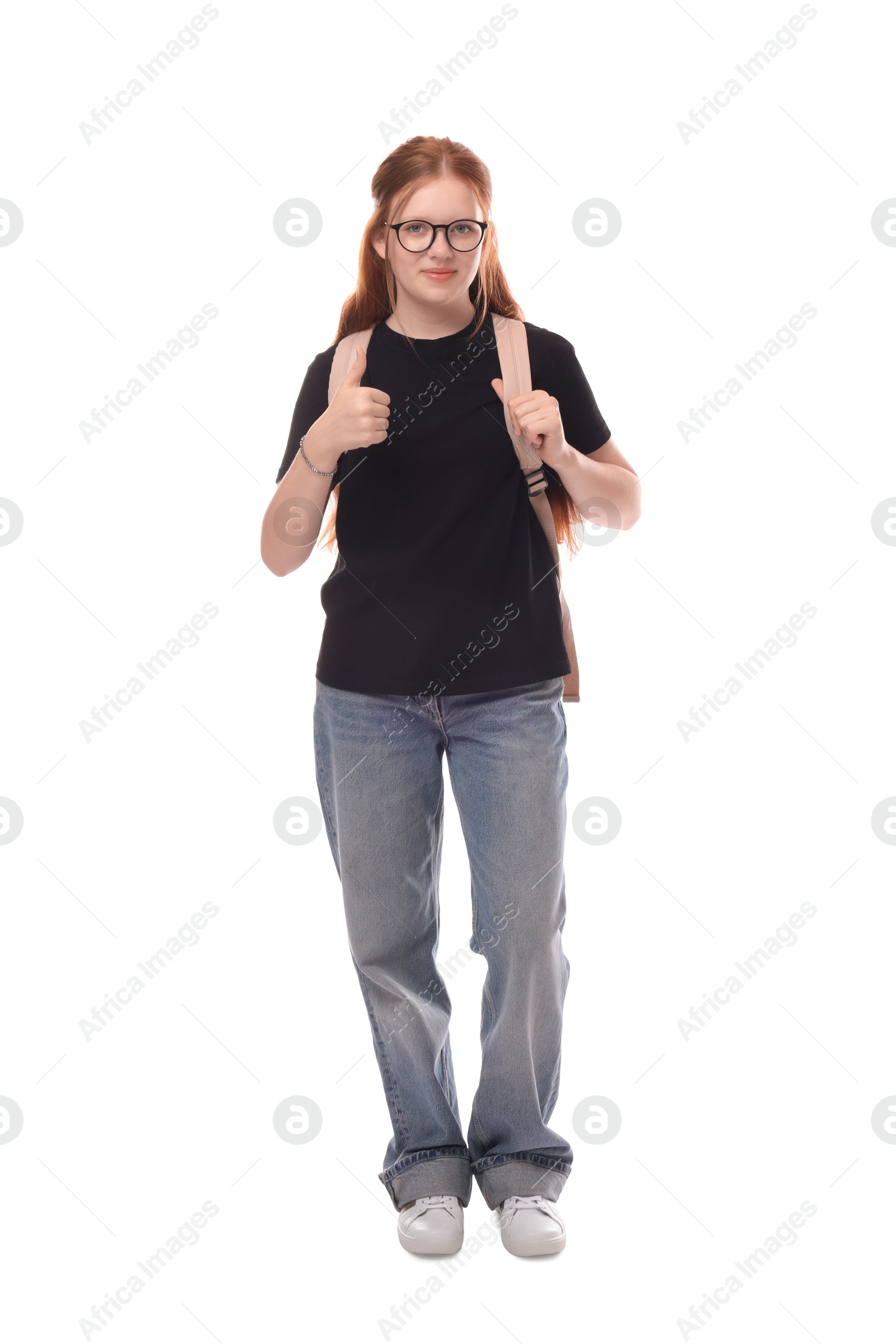 Photo of Teenage girl with backpack on white background