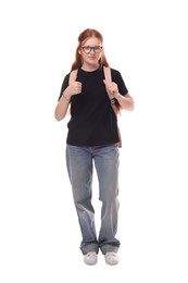 Photo of Teenage girl with backpack on white background