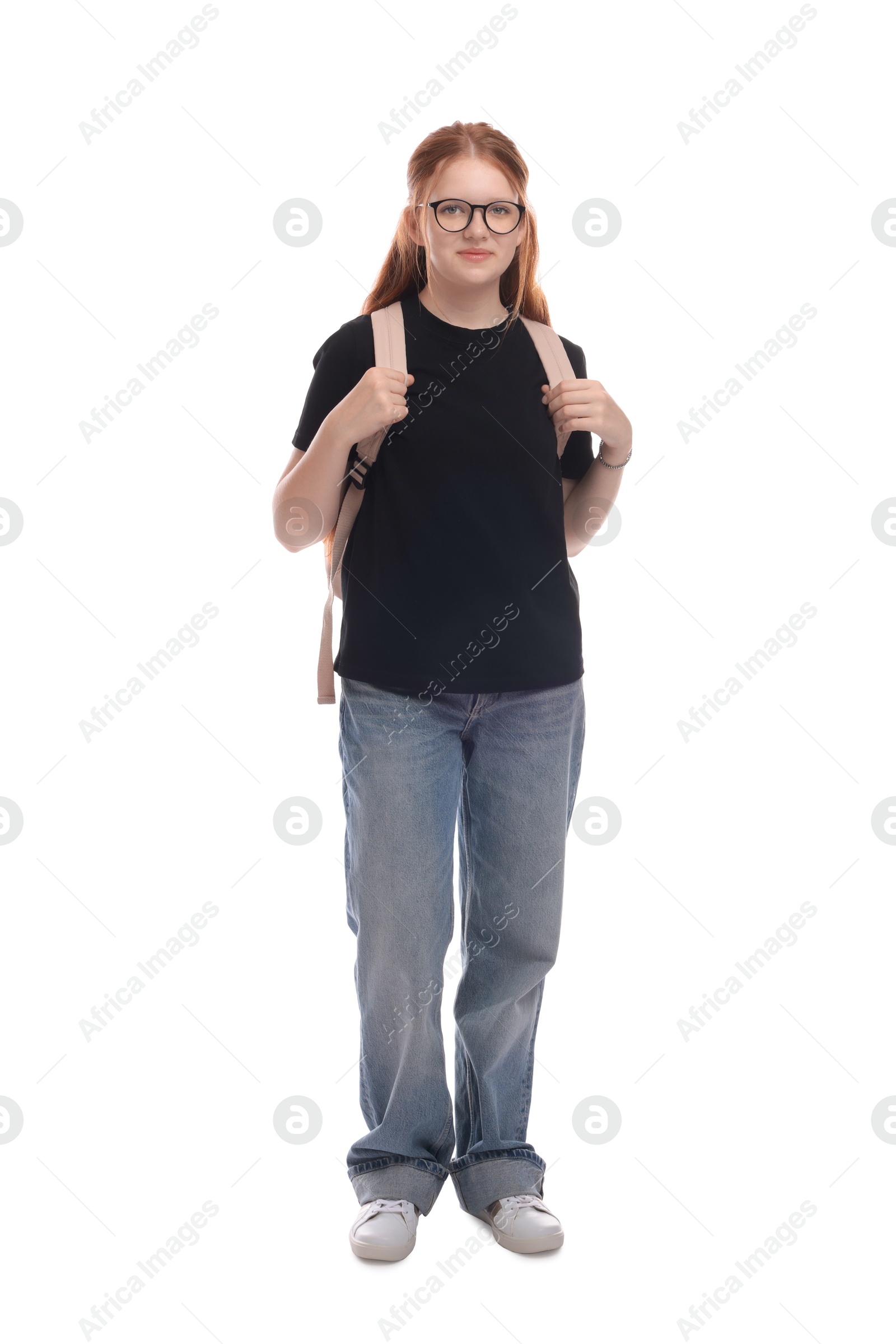 Photo of Teenage girl with backpack on white background