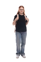 Teenage girl with backpack on white background