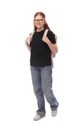 Photo of Teenage girl with backpack on white background