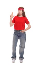 Photo of Teenage girl making finger gun gesture on white background