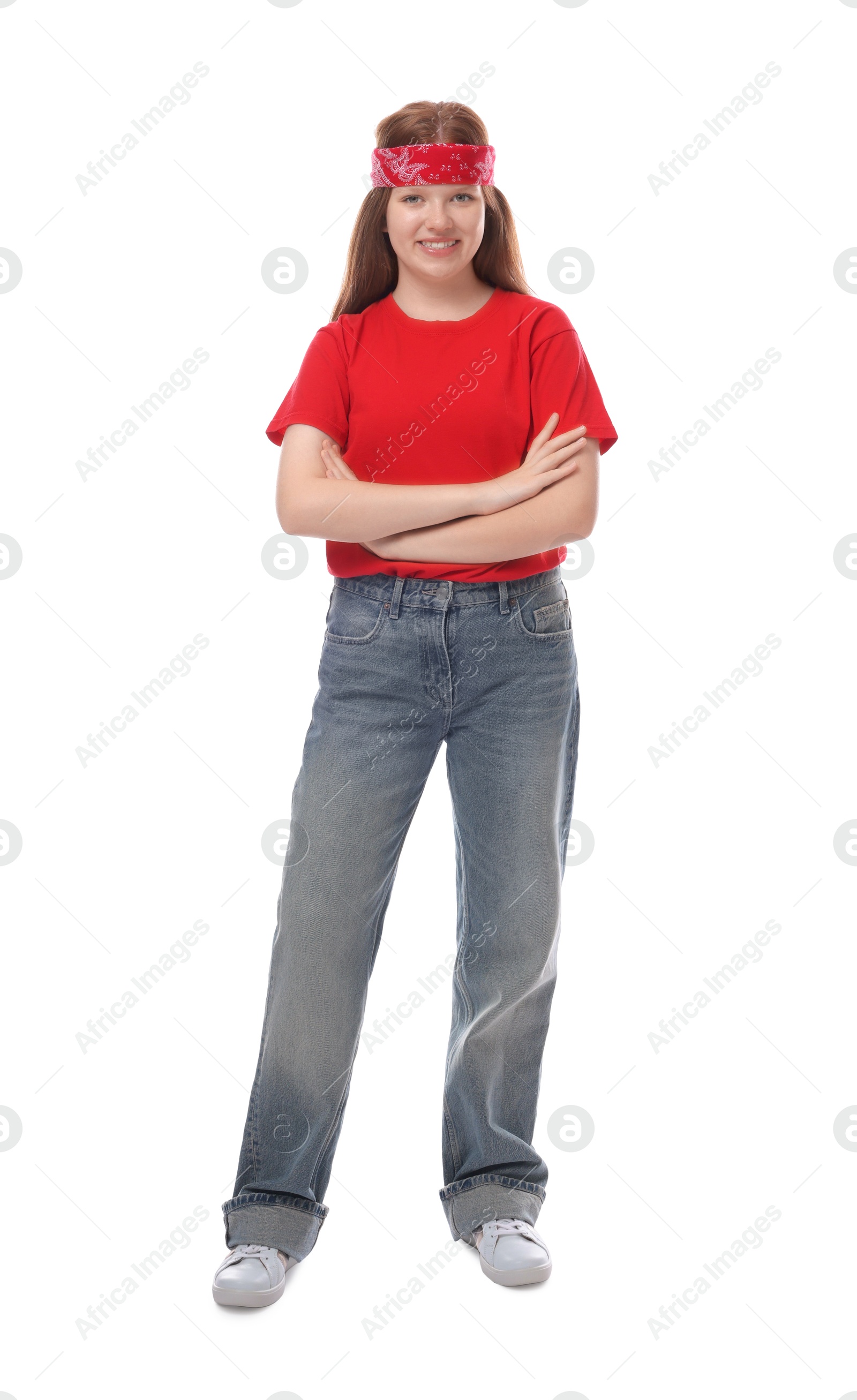 Photo of Full length portrait of teenage girl on white background