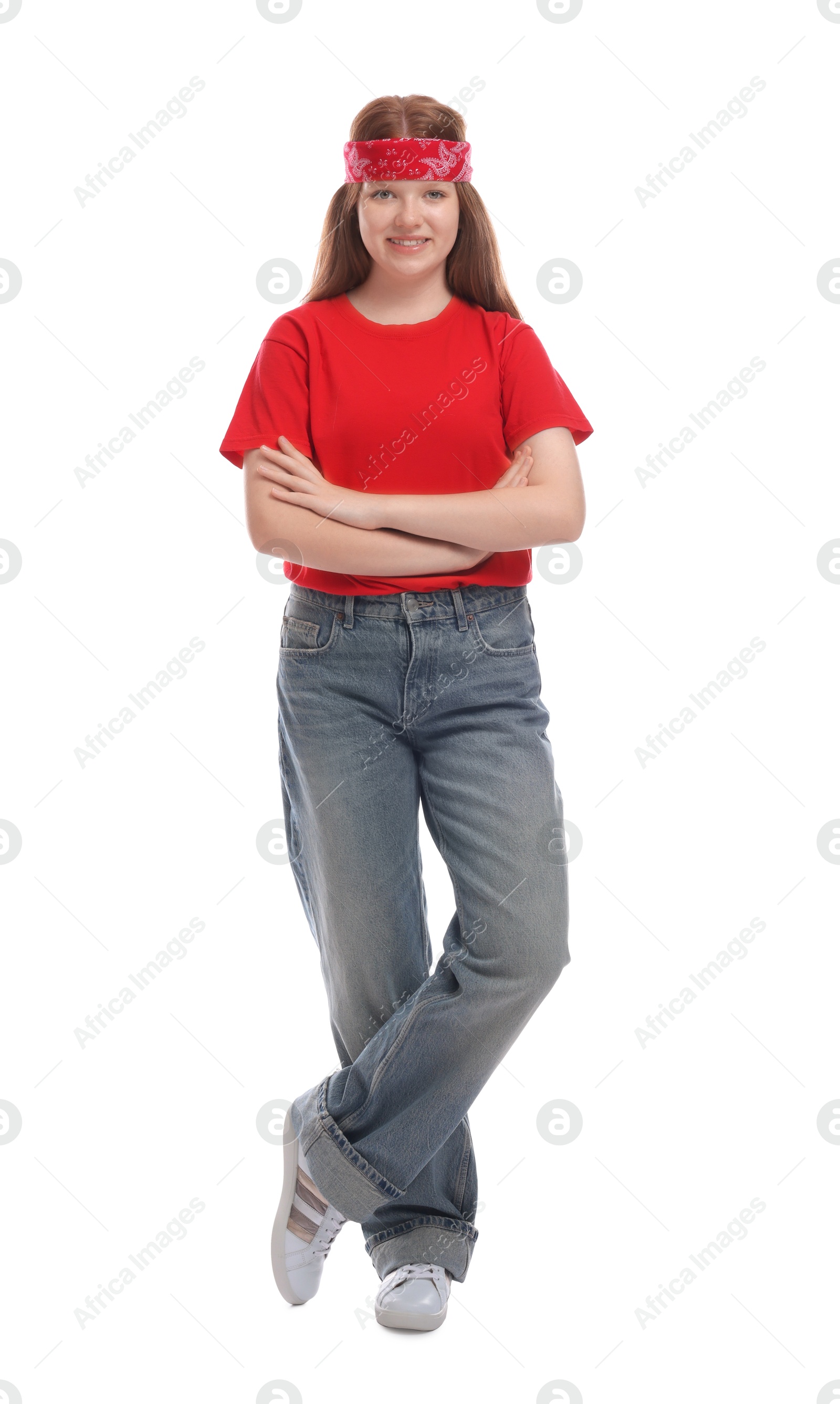 Photo of Full length portrait of teenage girl on white background