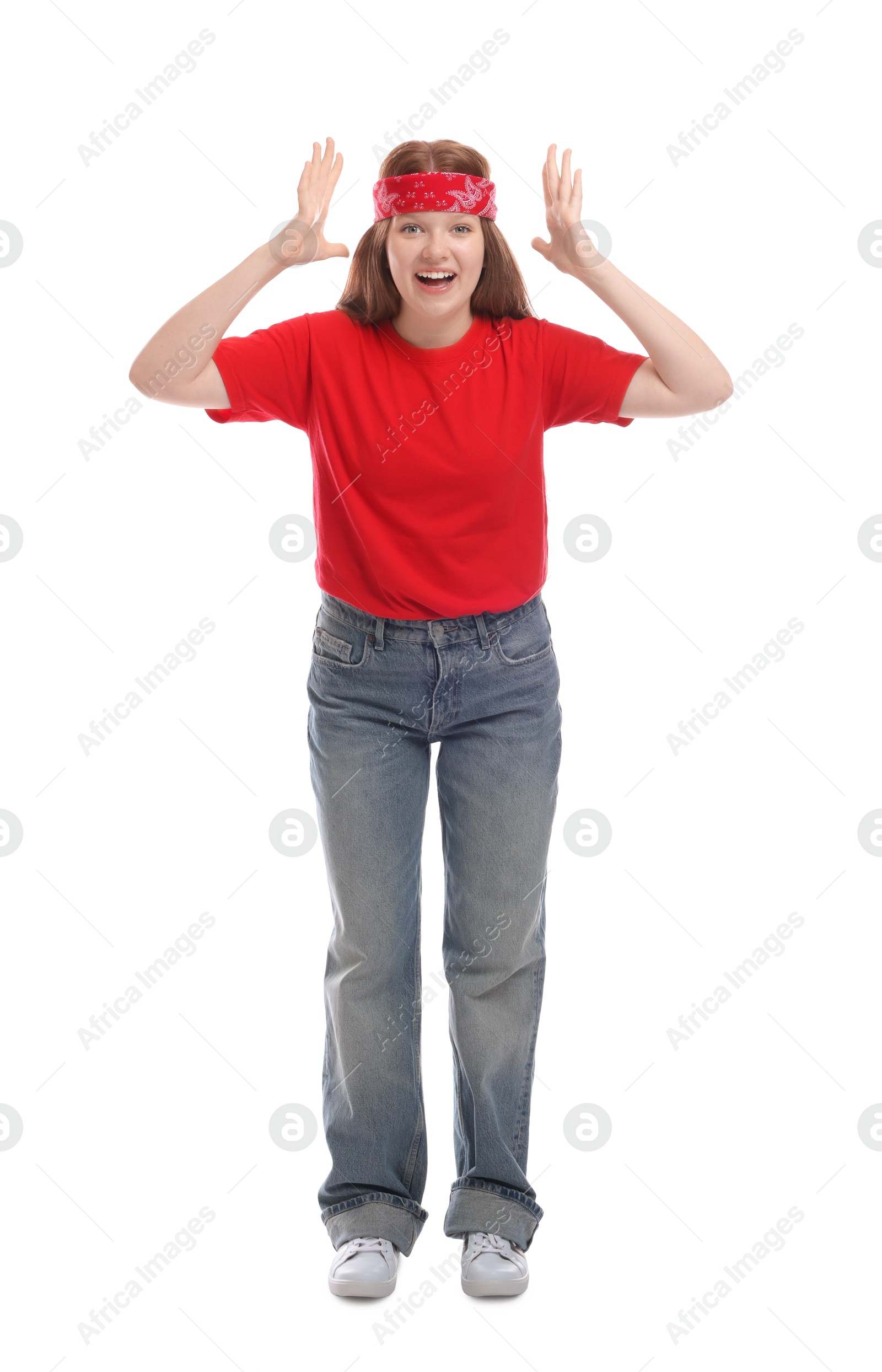 Photo of Full length portrait of teenage girl on white background