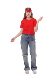 Photo of Full length portrait of teenage girl on white background