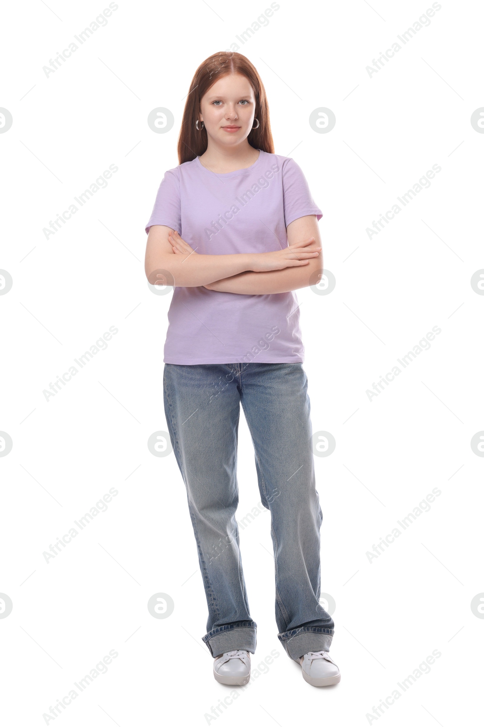 Photo of Full length portrait of teenage girl on white background