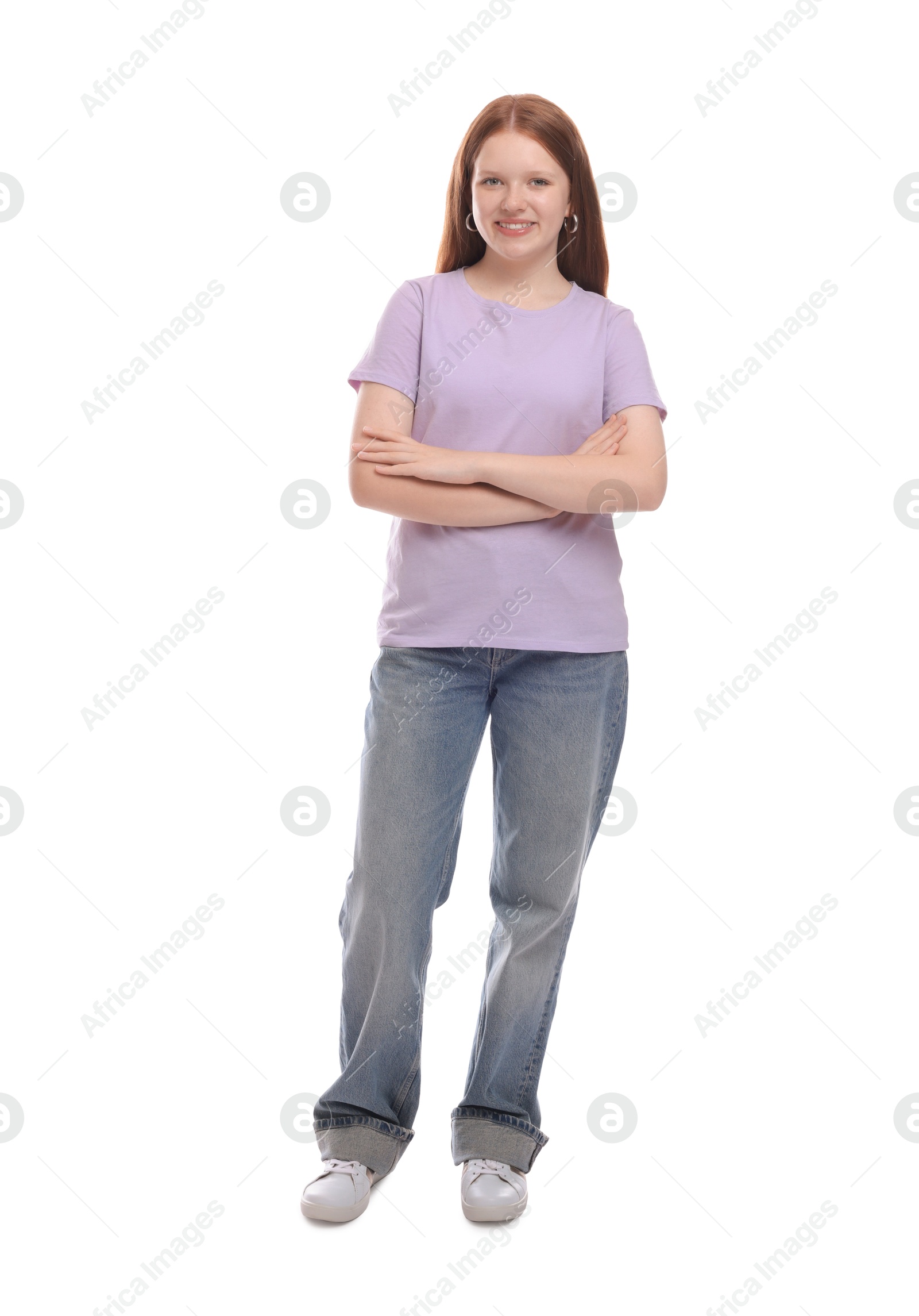 Photo of Full length portrait of teenage girl on white background