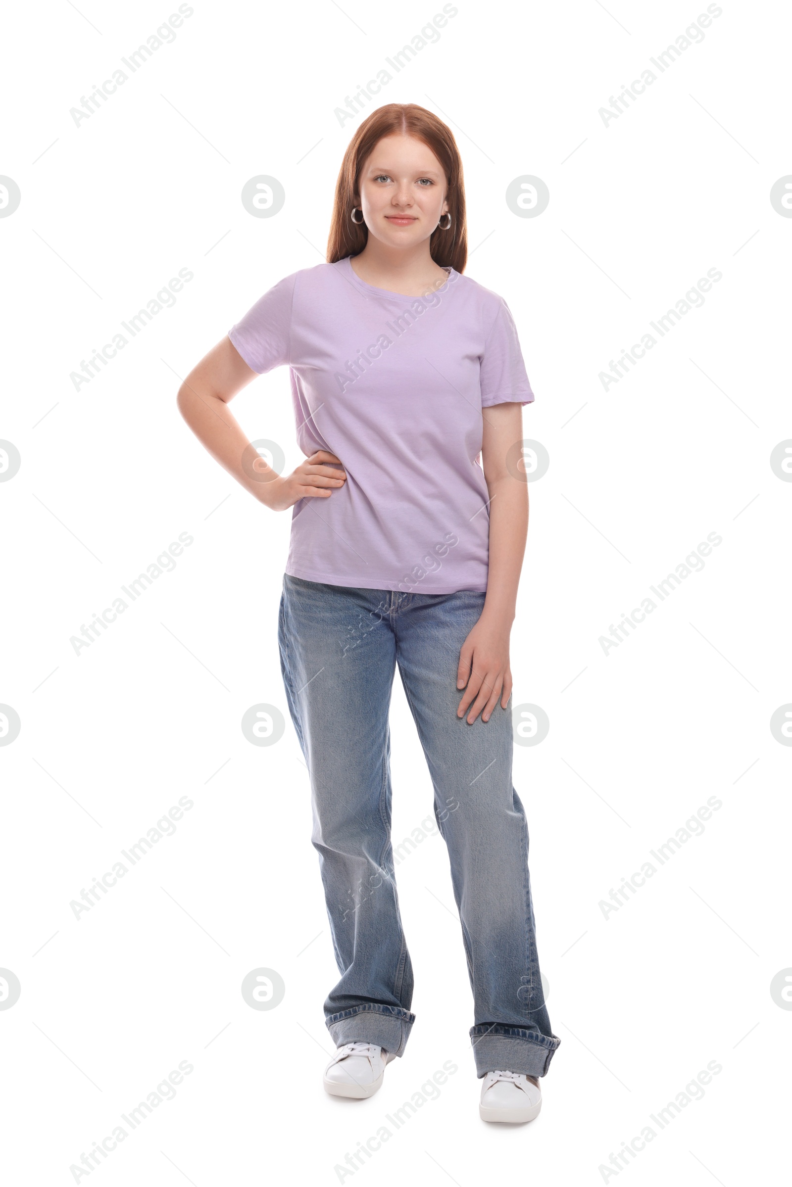 Photo of Full length portrait of teenage girl on white background