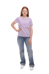 Full length portrait of teenage girl on white background