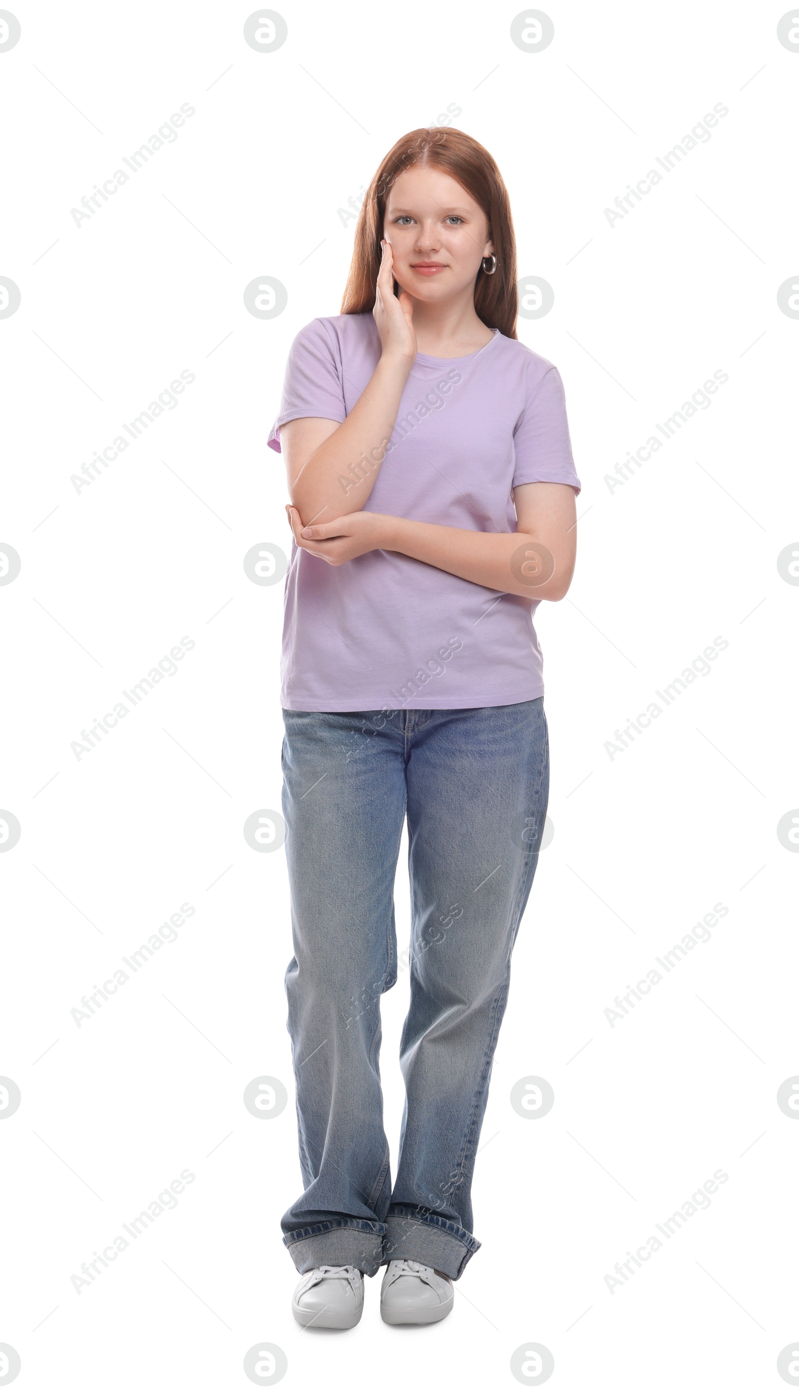 Photo of Full length portrait of teenage girl on white background