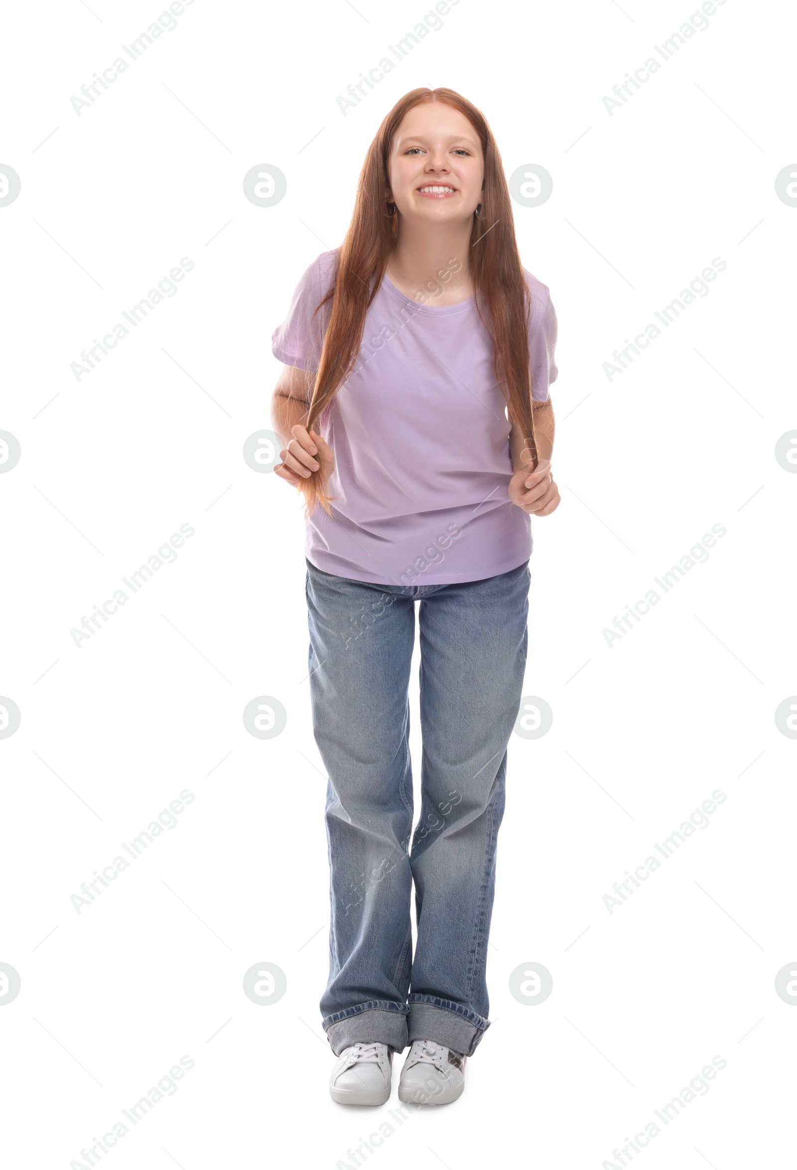 Photo of Full length portrait of teenage girl on white background