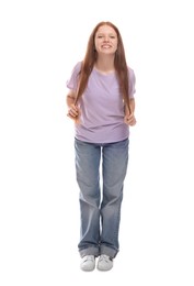 Photo of Full length portrait of teenage girl on white background