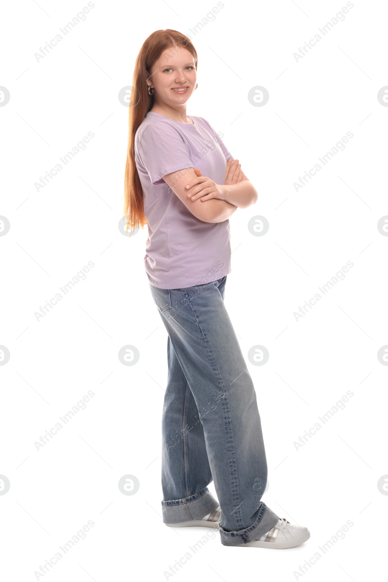 Photo of Full length portrait of teenage girl on white background