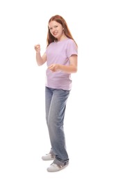 Full length portrait of teenage girl on white background