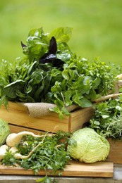 Photo of Different fresh herbs and vegetables on wooden table outdoors