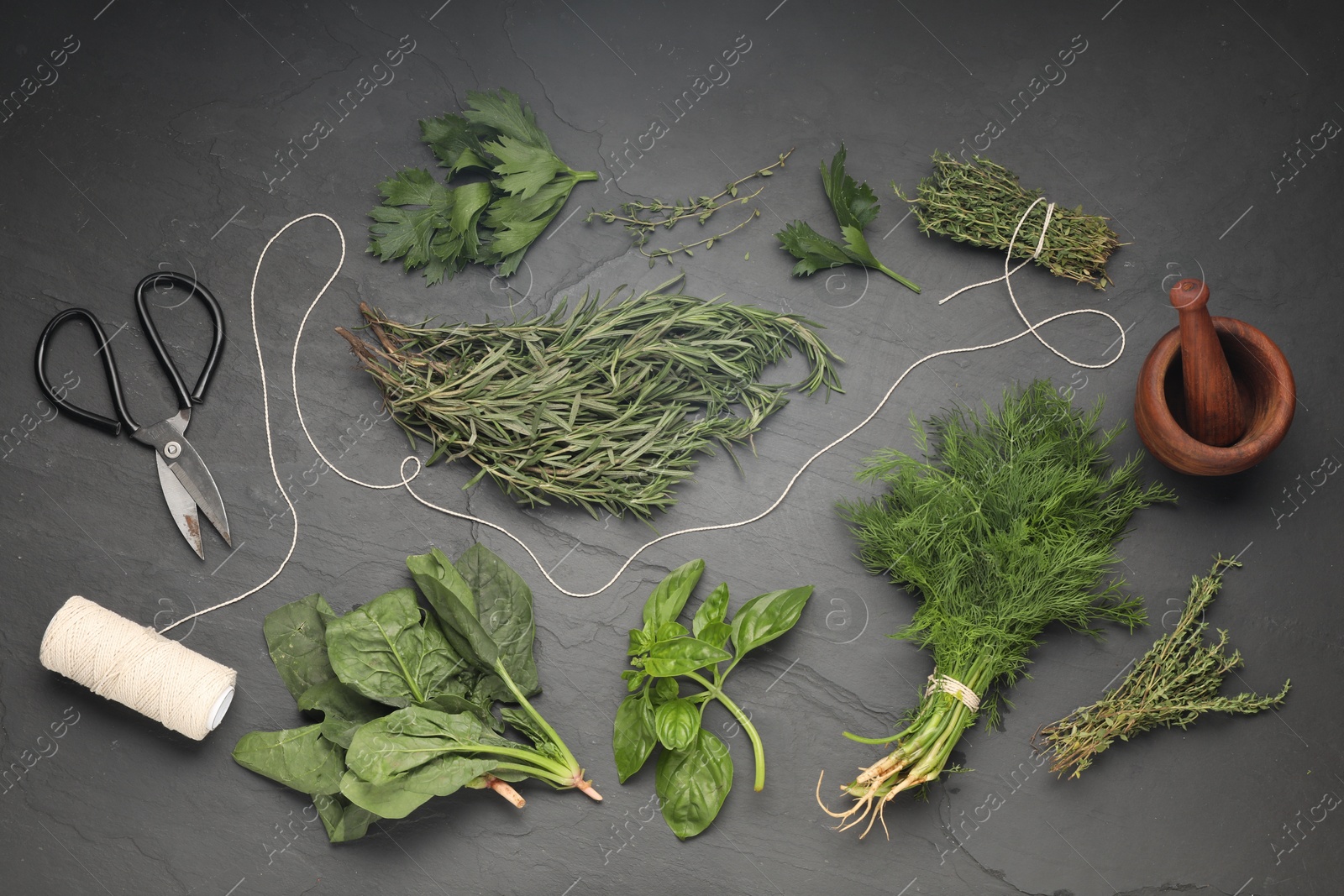 Photo of Different fresh herbs, spool of thread, mortar with pestle and scissors on grey textured table, flat lay