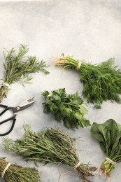 Photo of Bunches of different fresh herbs and scissors on light grey textured table, flat lay