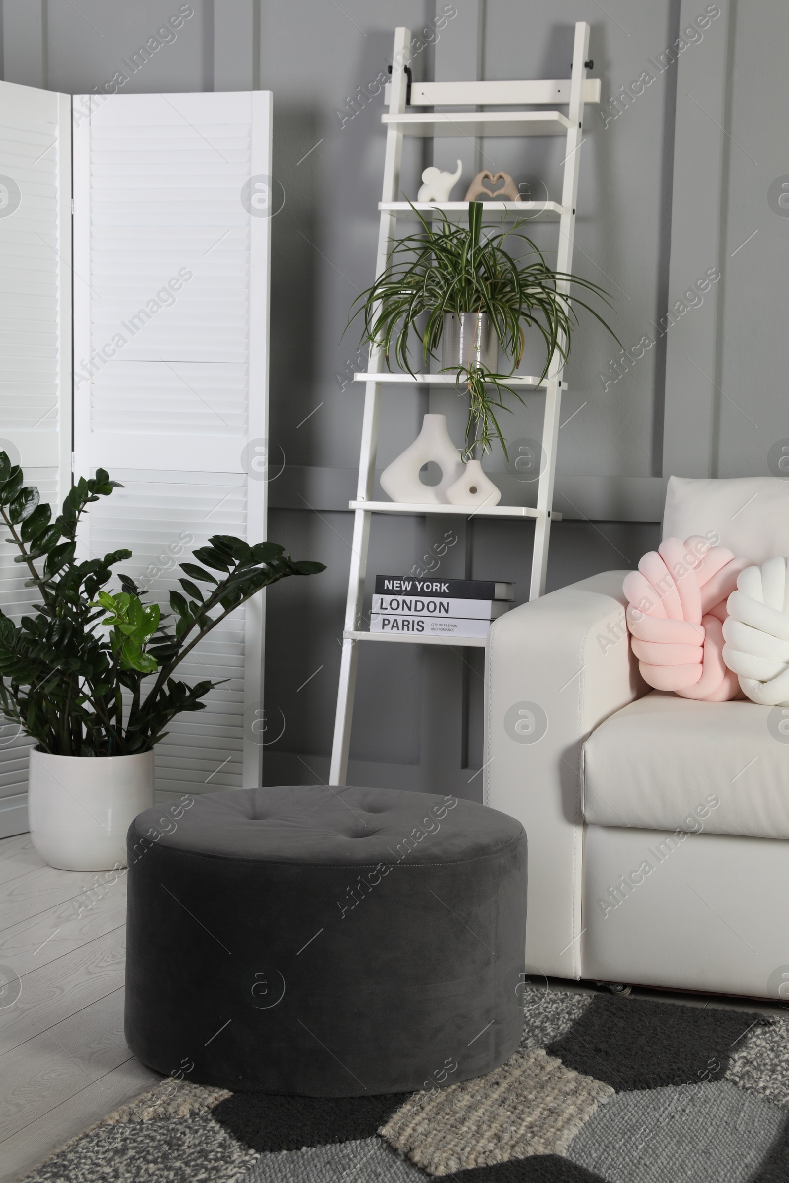 Photo of Beautiful living room interior with cozy sofa, pouf and houseplants