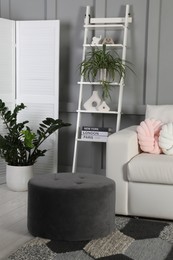 Beautiful living room interior with cozy sofa, pouf and houseplants