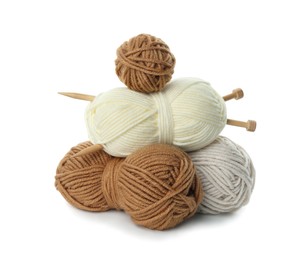 Photo of Skeins of soft yarn and knitting needles isolated on white