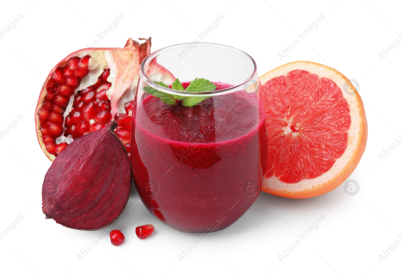 Photo of Tasty beetroot smoothie with mint in glass, fresh vegetable and fruits isolated on white. Vegan drink