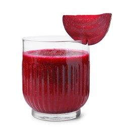 Tasty beetroot smoothie in glass and piece of fresh vegetable isolated on white. Vegan drink