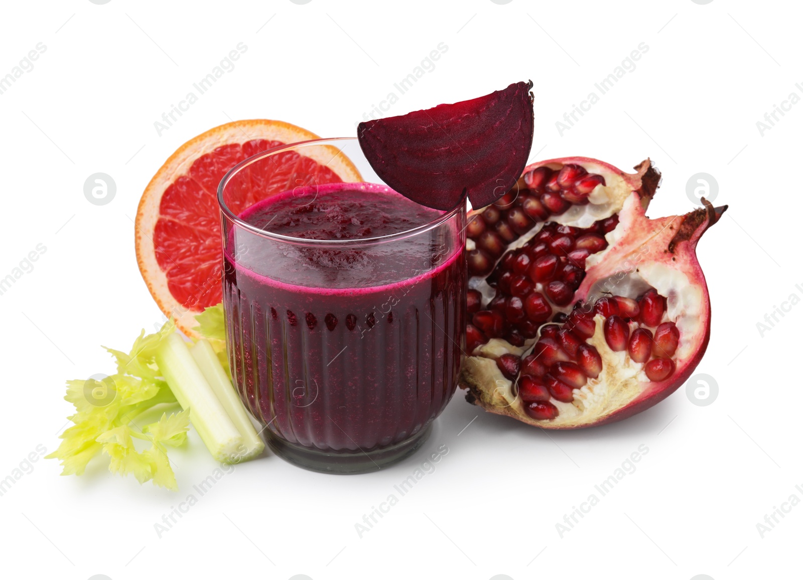 Photo of Tasty beetroot smoothie in glass, fresh vegetables and fruits isolated on white. Vegan drink