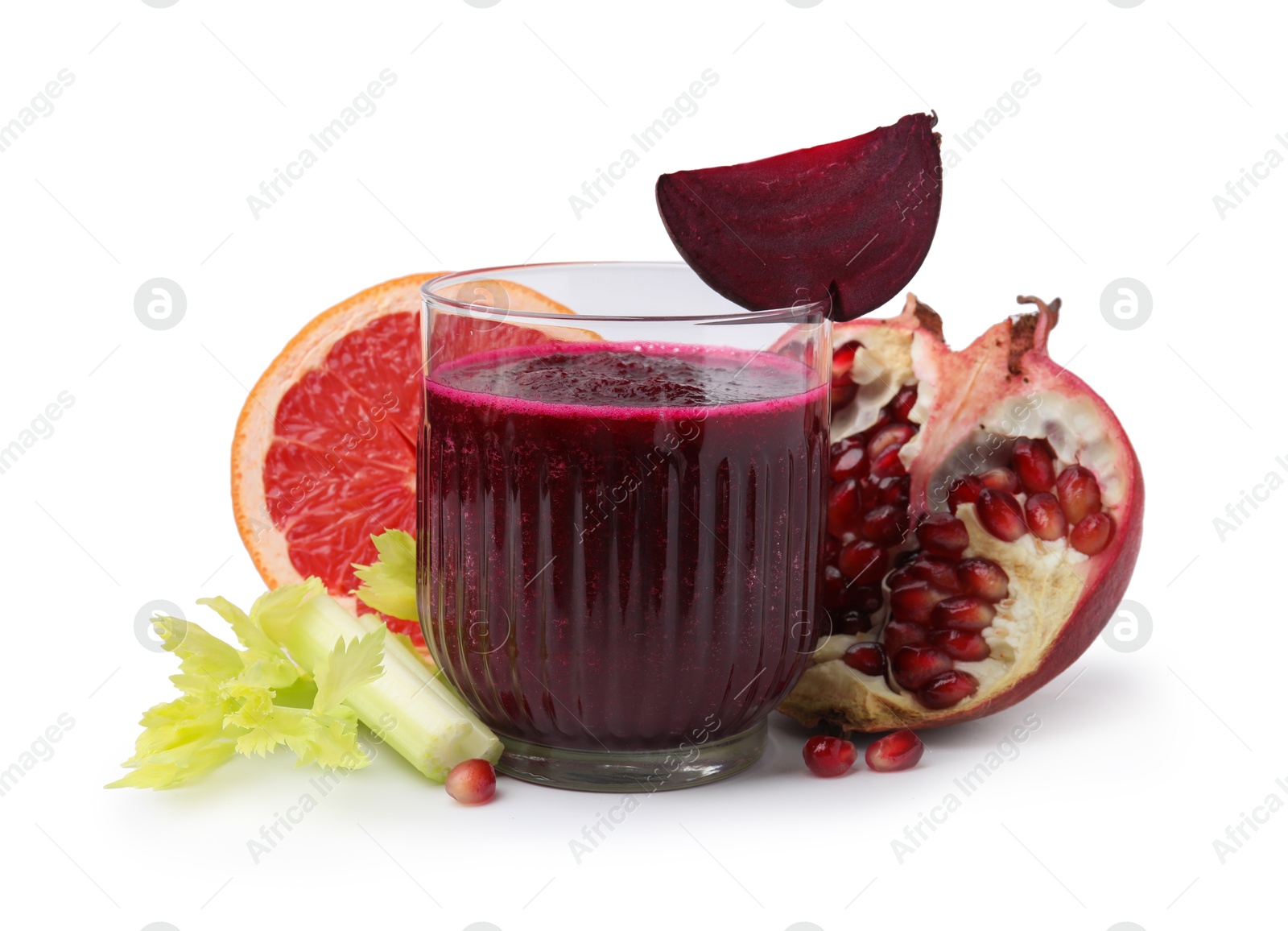 Photo of Tasty beetroot smoothie in glass, fresh vegetables and fruits isolated on white. Vegan drink