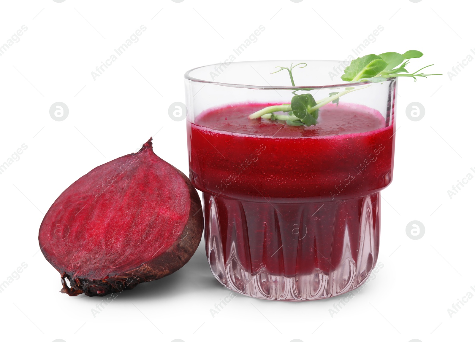 Photo of Tasty beetroot smoothie with microgreens in glass and fresh vegetable isolated on white. Vegan drink