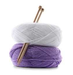 Photo of Two bright yarns and knitting needles isolated on white