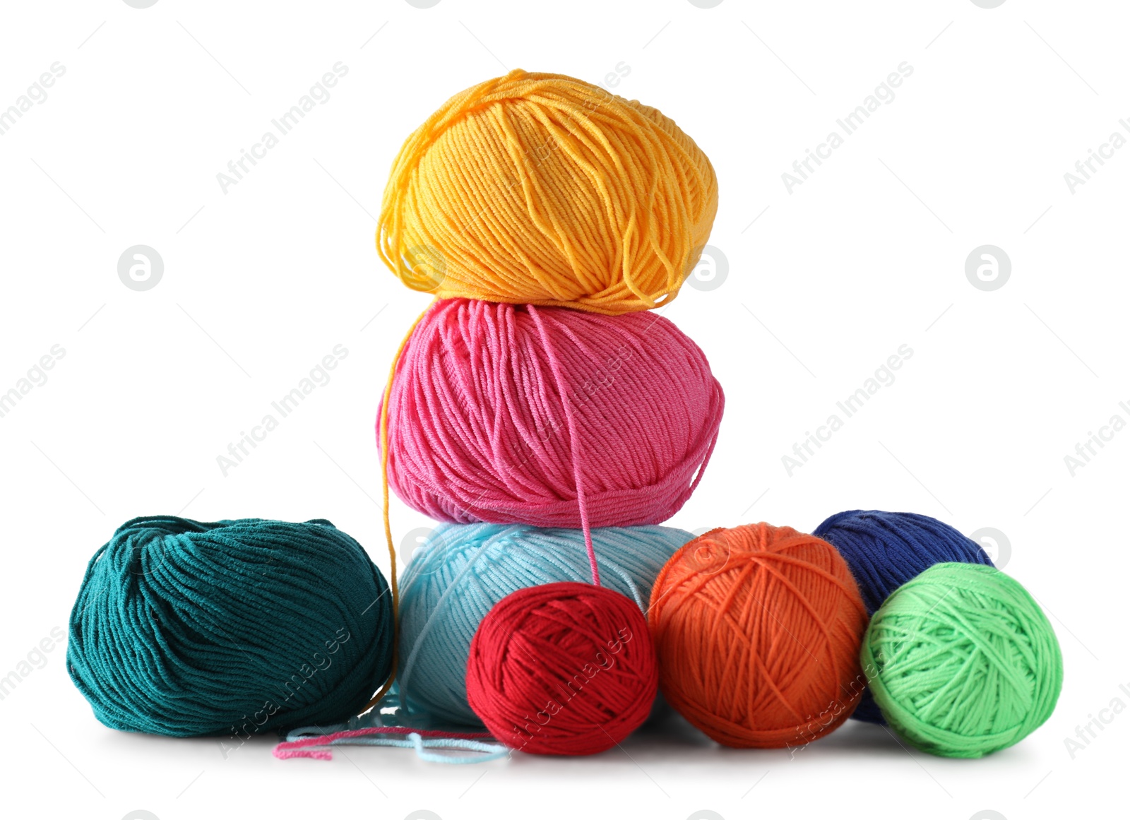 Photo of Many soft skeins of yarn on light grey background