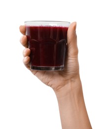 Woman holding glass of fresh beetroot smoothie isolated on white, closeup