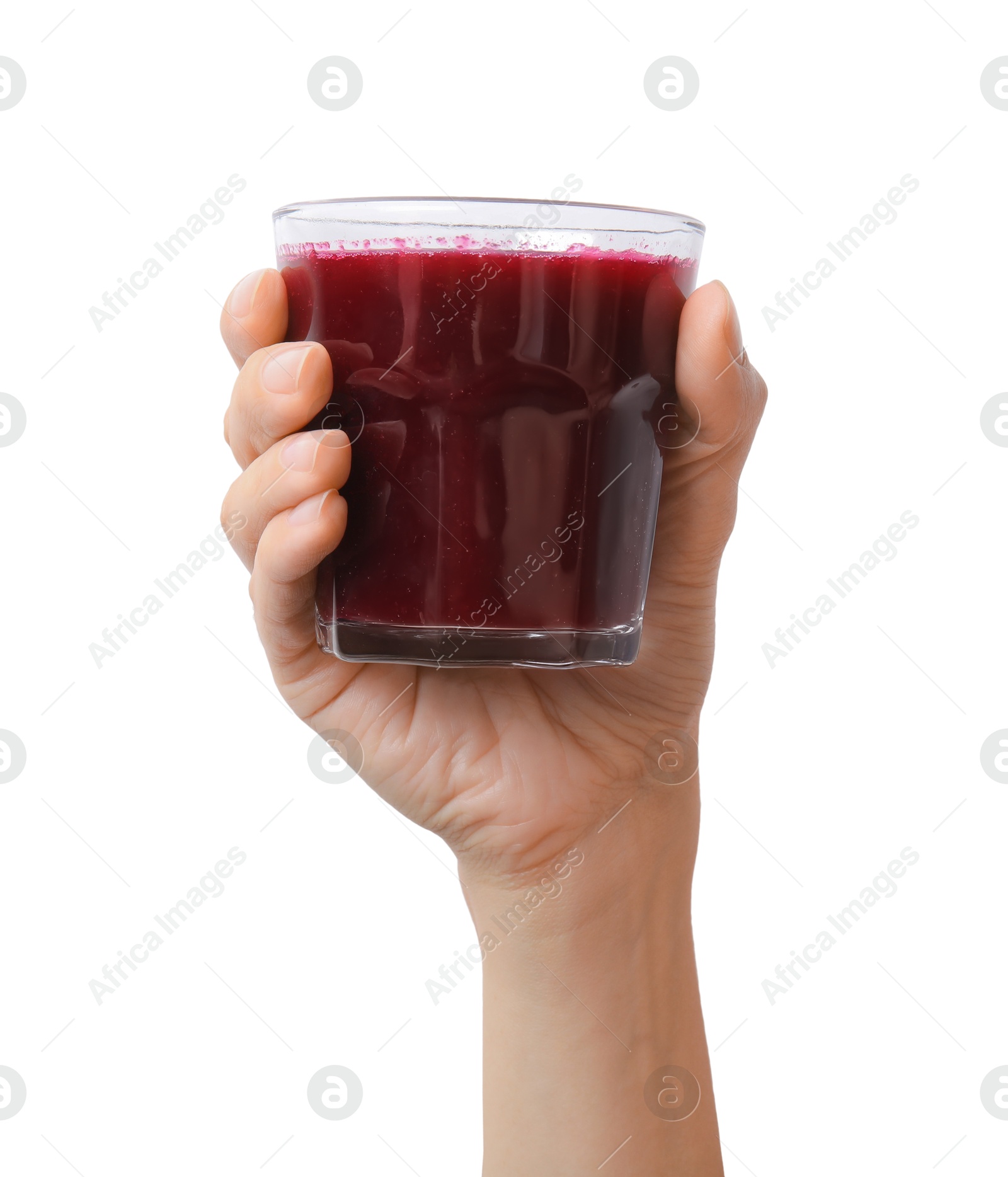 Photo of Woman holding glass of fresh beetroot smoothie isolated on white, closeup