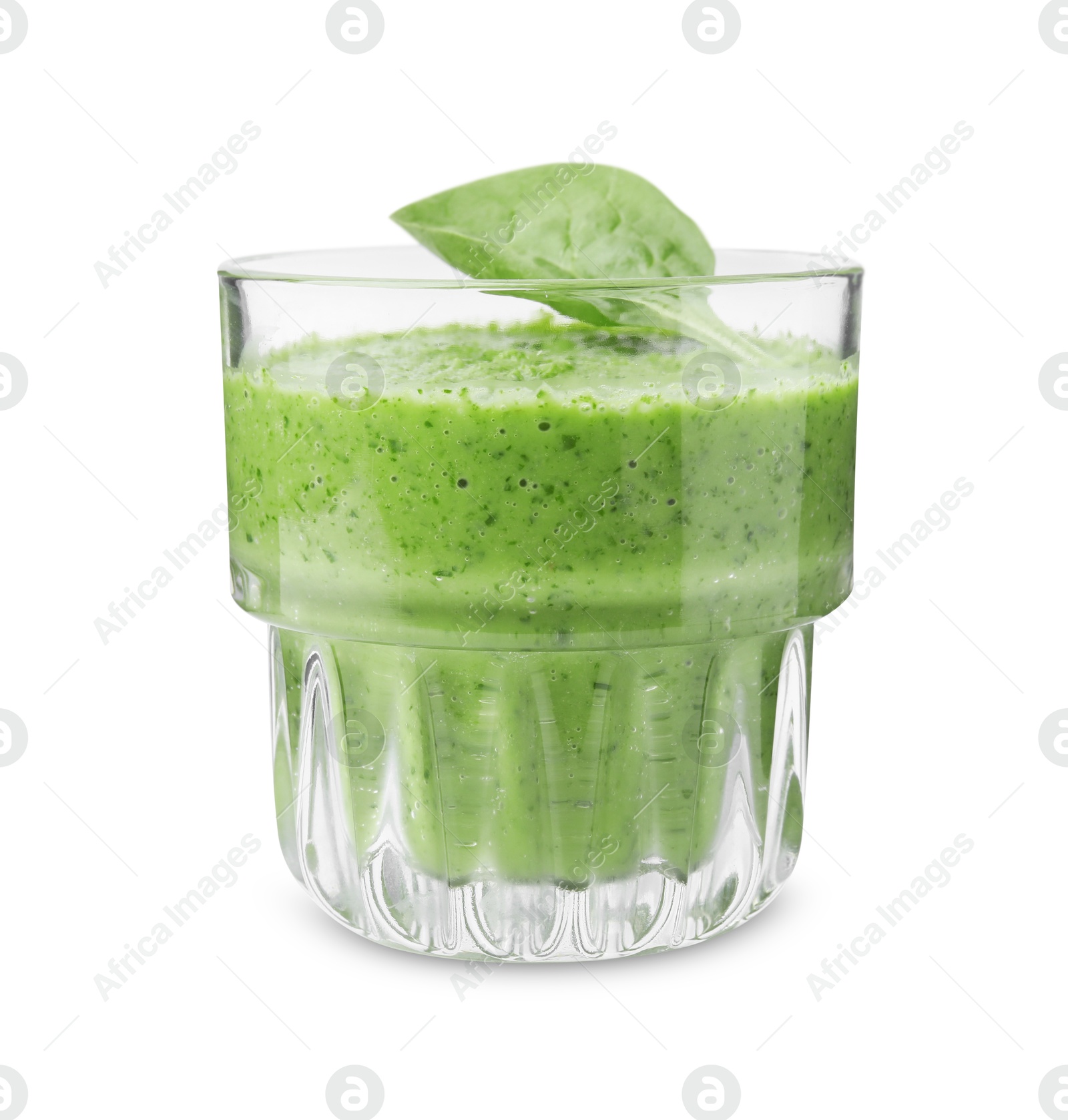 Photo of Tasty green smoothie and spinach leaf in glass isolated on white