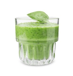 Photo of Tasty green smoothie and spinach leaf in glass isolated on white