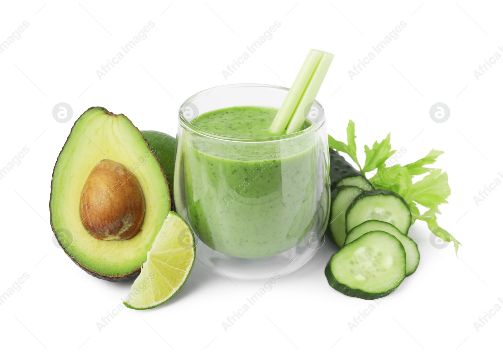 Photo of Tasty green smoothie in glass, cucumber, lime and avocado isolated on white