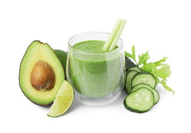 Photo of Tasty green smoothie in glass, cucumber, lime and avocado isolated on white