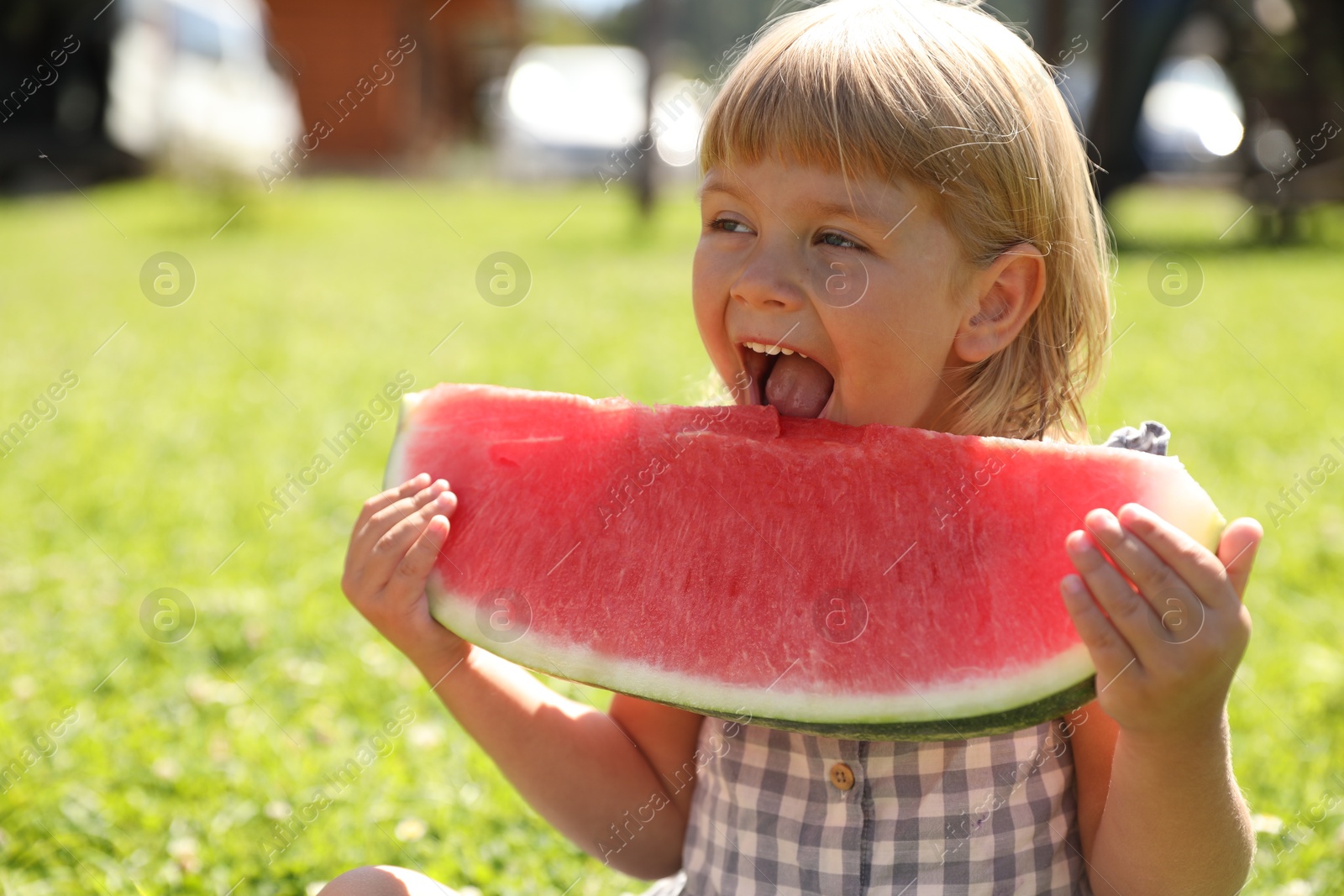 Photo of Cute little girl eating juicy watermelon outdoors