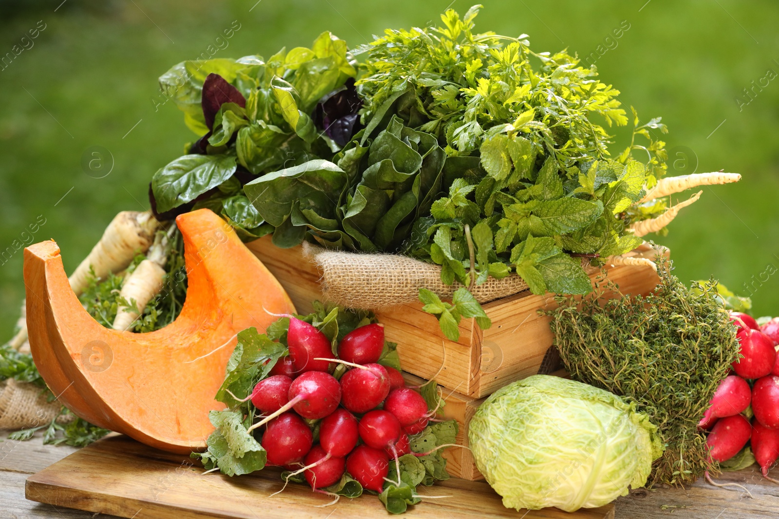 Photo of Different fresh herbs and vegetables on wooden table outdoors