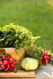 Photo of Different fresh herbs and vegetables on wooden table outdoors