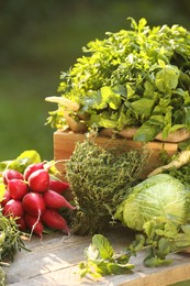 Photo of Different fresh herbs and vegetables on wooden table outdoors