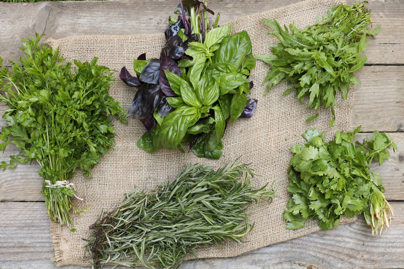 Photo of Different fresh herbs on wooden table, flat lay