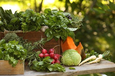 Photo of Different fresh herbs and vegetables on wooden table outdoors