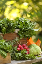 Photo of Different fresh herbs and vegetables on wooden table outdoors