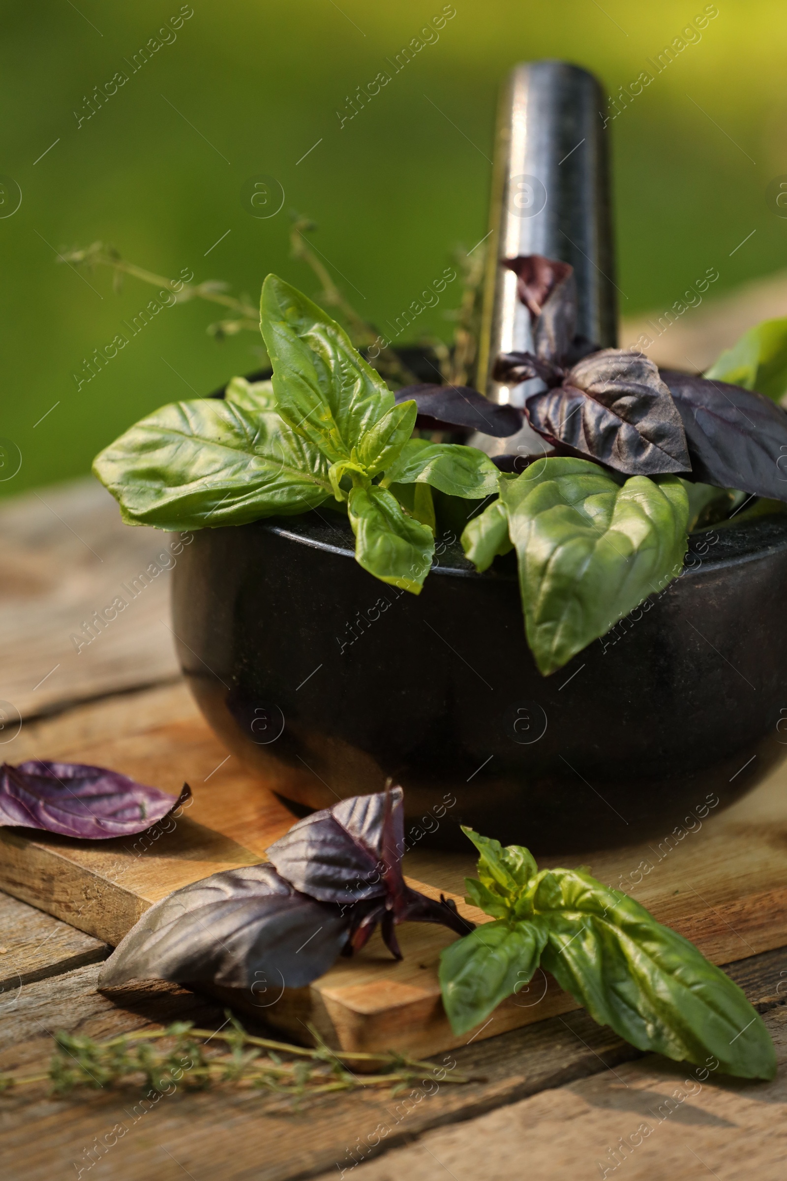 Photo of Fresh herbs. Different basil leaves in mortar on wooden table outdoors, closeup