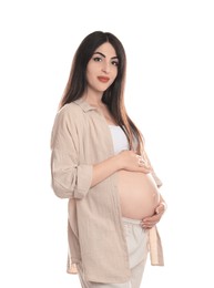 Photo of Portrait of beautiful pregnant woman on white background