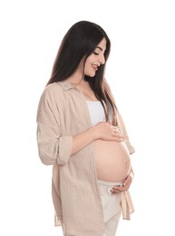 Photo of Portrait of beautiful pregnant woman on white background