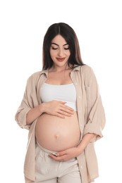 Photo of Portrait of beautiful pregnant woman on white background