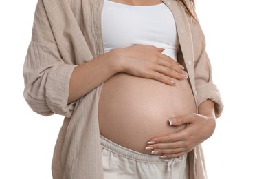 Photo of Young pregnant woman on white background, closeup